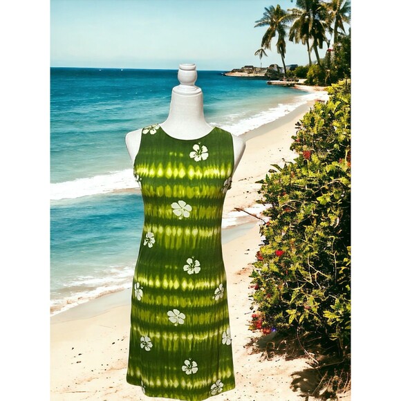 Pio Studio Women’s Summer Dress Green Tie/dye Hibiscus Island Wear Size Large - Picture 8 of 8